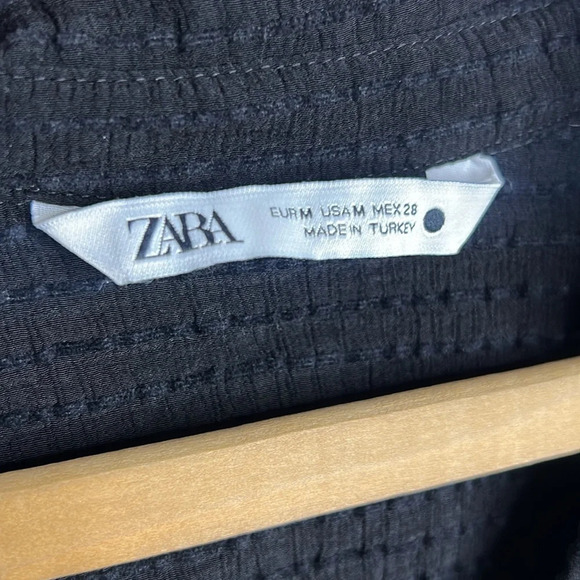 ZARA Knotted V Neck Collard Button Front Wide Sleeve Draped Textured Blouse - Picture 8 of 12